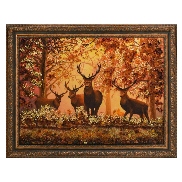 Khung Tranh Khảm Hổ Phách "Bầy Hươu Dưới Ánh Chiều Tà" 40x60