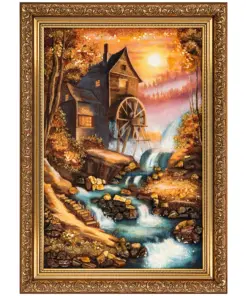 Khung Tranh Khảm Hổ Phách "Cối Xay Nước" 60x40